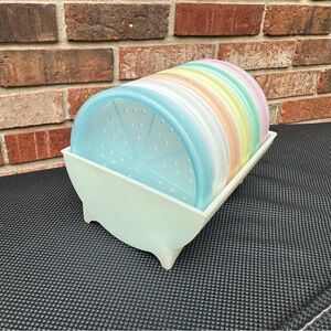 Tupperware Pastel Wagon Wheel Coaster Set with Holder Tray Set of 6 ~ No. 567